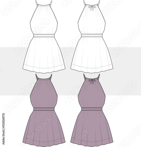 Women's girls cute summer halter dress with back bow detail   fashion technical drawing, illustration. CAD, Mockup Set.