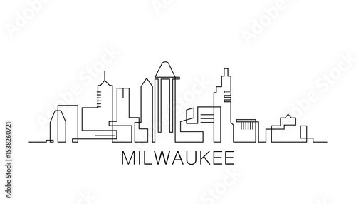 Milwaukee stroke, single art skyline. Continuous urban panorama silhouette outline, vector illustration of USA, Wisconsin state city with buildings, skyscrapers. Thin line icon, logo, card