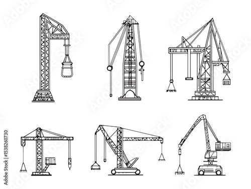 Construction site crane vector in minimal outline style 
