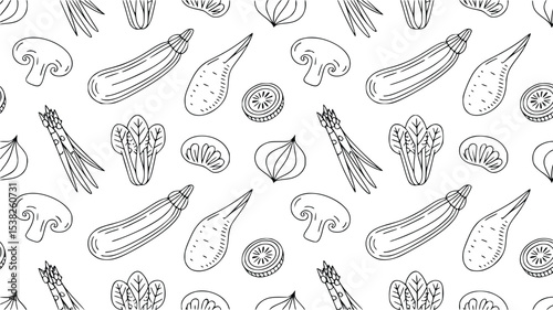 Fresh Vegetable Seamless Pattern Hand Drawn Sketch  Zucchini Mushrooms Spinach Asparagus Onion Cooking Recipe Design, silhouette