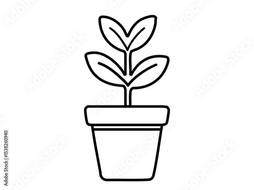 Black outline of a potted plant with leaves isolated on white background, graphic illustration. concept of nature, gardening, houseplant, growth, plant icon, design element.