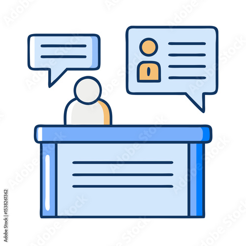 Job interview at office desk with candidate and interviewer.  Person sits at reception desk during job interview process.  Conversation bubbles show communication flow.