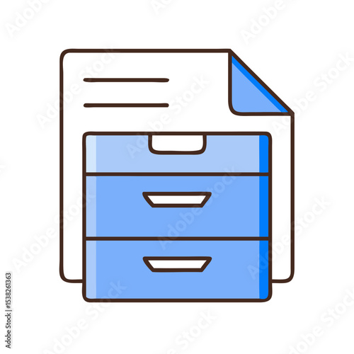 File cabinet icon with document. Simple file cabinet illustration with three drawers and paper. Filing cabinet image perfect for office supplies websites and business presentations.