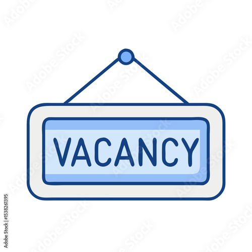 Open vacancy sign with hanging board. Job vacancy announcement with blue rectangular signboard and text.  Hiring concept for job search websites and recruitment agency materials.