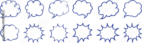 Blue Hand Drawn Speech Bubbles and Starburst Shapes Set
