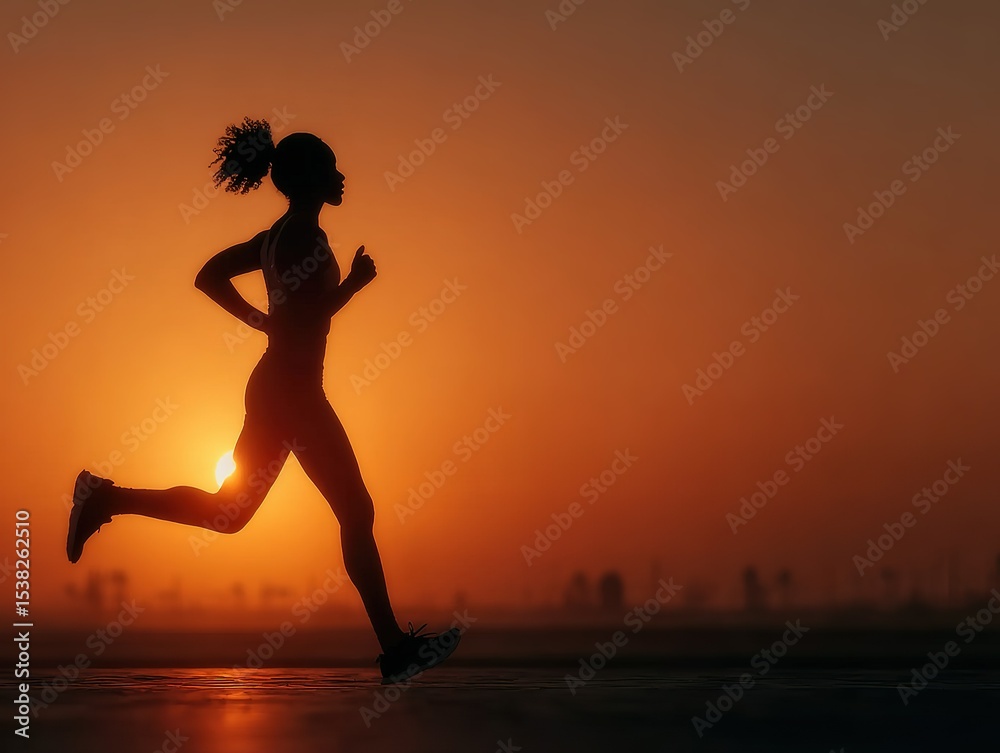 Fototapeta premium Female Runner Silhouette with Ponytail Against Glowing Sky for Active Motivation Themes