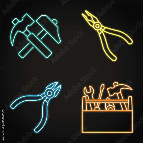 Repair tools neon icon set