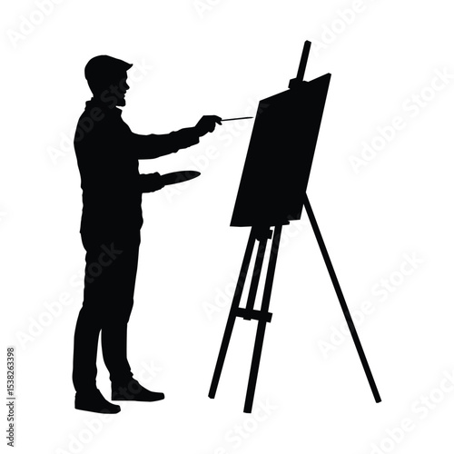 Silhouette of an Artist Painting on Canvas with Easel
