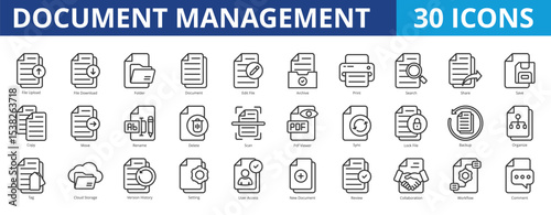 Document management icon pack collection set for business file and administration. With folder, document, edit, archive, search, share, save, copy, rename, scan, view, sync, backup, organize, storage