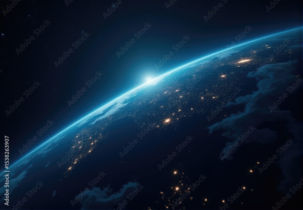 Fototapeta premium Earth rotating in space showing city lights at night with sunrise and some clouds