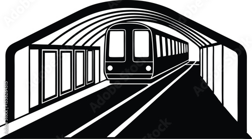 Urban subway station interior with moving train, underground transportation system, modern city metro platform, commuter travel infrastructure, tunnel, rail transit, public transport design