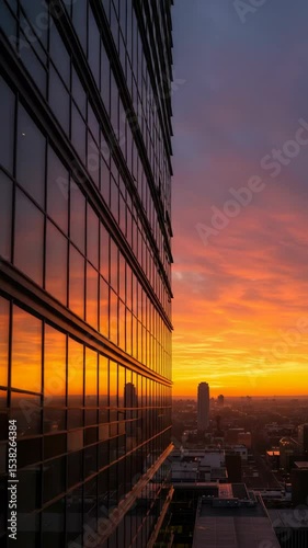 Modern skyscraper reflecting colorful sunset in urban landscape  