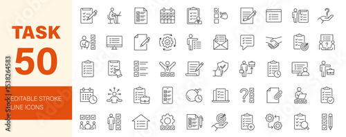 Task icon set. Containing checklist, project, to-do list, job, workflow, clipboard, multitasking, assignment, business planning and more. Editable line icons. Vector illustration.	