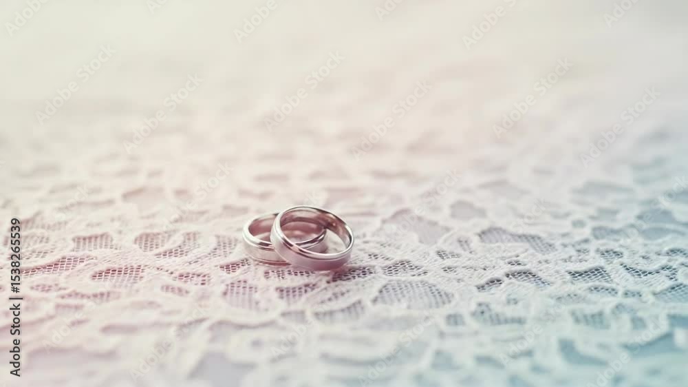 Wedding rings placed on lace fabric background