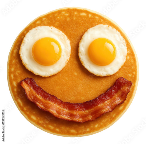 A pancake serves as the base for a smiling face, with two fried eggs as eyes and a strip of crispy bacon as the mouth.