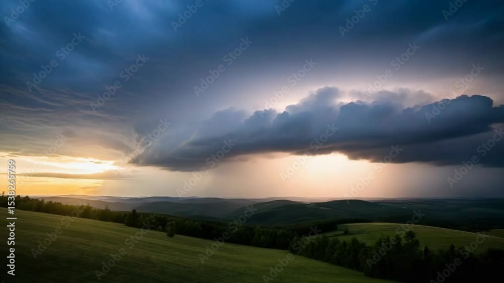 Dramatic cloud formation over rolling hills at sunset