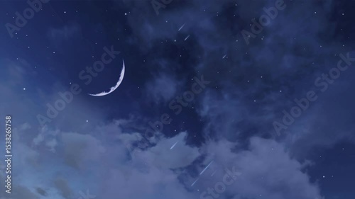 Dreamlike starry night sky with fantastic large half moon and falling stars meteor shower among fluffy cumulus clouds. Magic nighttime cloudy heaven natural background, 3D animation.