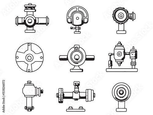 detailed industrial valve engineering drawing line art vector 
