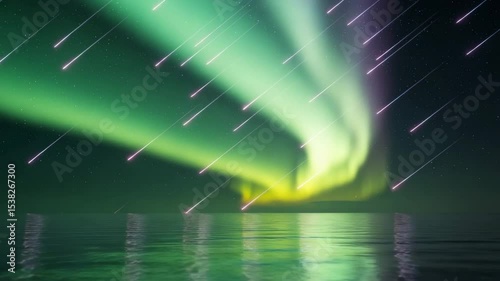 Colorful aurora borealis reflecting over calm water at night  