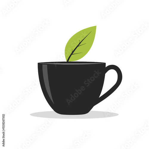 Black Tea Cup with Green Leaf Symbol, Minimalist black tea cup with a single green leaf emerging from the top, representing herbal tea, wellness, and natural drinks.

