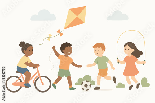 Delightful illustration of kids engaging in active play a bike kite soccer jump rope cheerful colors playful style perfect for children's books websites and educational materials