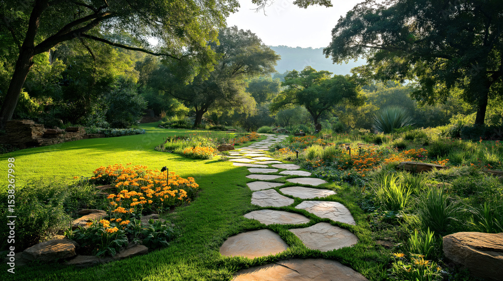 Obraz premium Serene Garden Pathway with Lush Greenery and Colorful Flowers at Sunrise