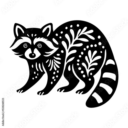 Rustic style figurine with a raccoon. Ethnic sticker. Bohemian animal silhouettes and floral patterns on Scandinavian style textiles. Handmade relief image of a raccoon in the style of linocut.
