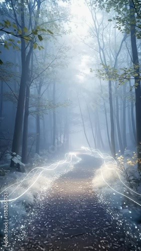 Serene forest pathway with mystical light beams in autumn fog  