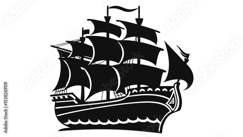 A silhouette showcases a three masted sailing ship with billowing sails isolated on white