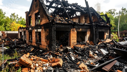 Burned house with charred ruins, and disaster scene.