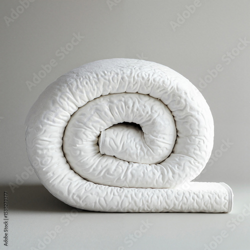 Rolled white quilted mattress topper on neutral background.