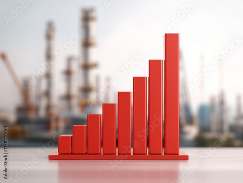 A red ascending bar graph stands on a desk with an industrial refinery blurred in the background, symbolizing the rise in oil prices due to disruptions in supply.
