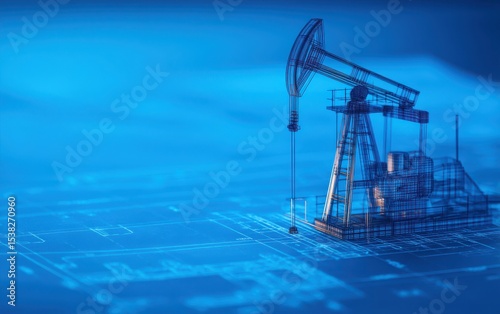 A digital blueprint-style image of an oil pumpjack illustrating industrial machinery and energy extraction technology.