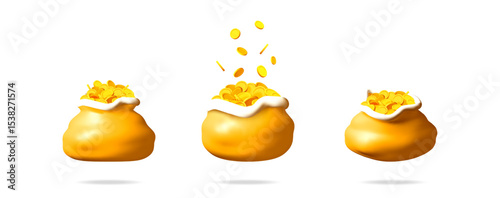 Three golden money bags with falling coins. Financial success and wealth concept. Isolated gold cash bag for banking and investment.