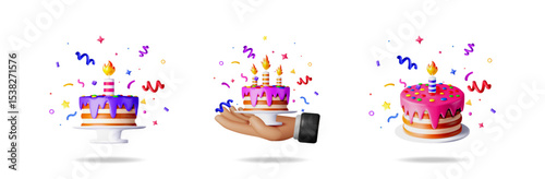 Set of birthday cake items with confetti for celebration. Sweet dessert with candle for party and event concept. For greeting card, banner, poster.