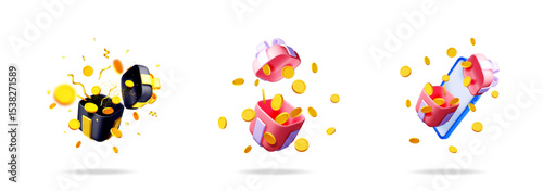 Set of unboxing a gift box with a present and a surprise. Cashback concept with money and coins flying out. Reward, bonus.