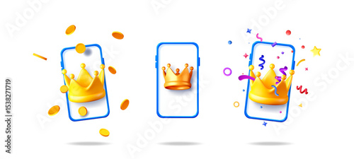Collection of mobile phone with golden crown, coins, and confetti. Online gaming app. Leaderboard and winner concept for ui, ux.