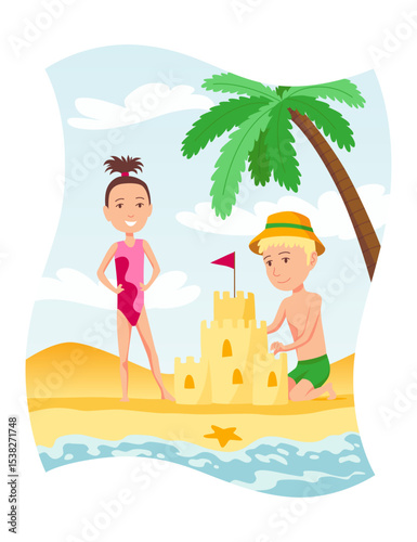 Children delightfully creating a sandcastle at a sunny beach during their vacation