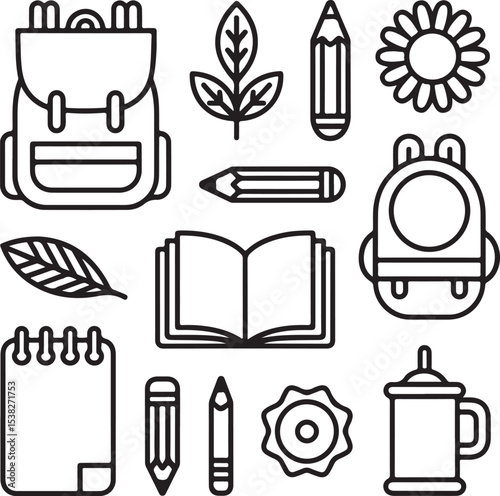 School Supplies Icons Bundle Backpack, Book, Pencil, Marker, Leaf, Flower, Sharpener Graphics
