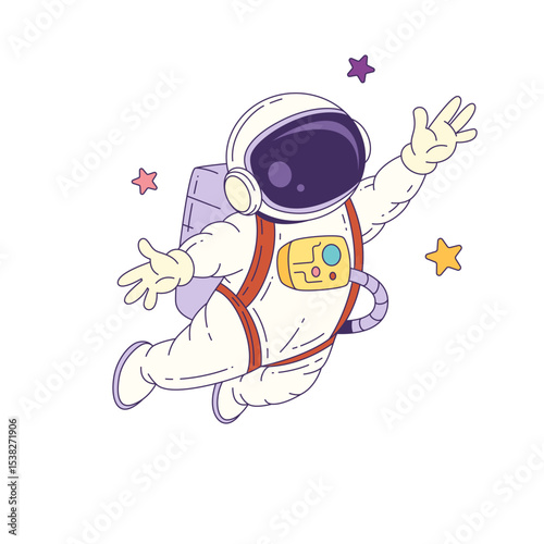 Cartoon mascot astronaut wearing a white suit floats among stars, exploring the universe in a fun and educational space-themed scene. Vector illustration