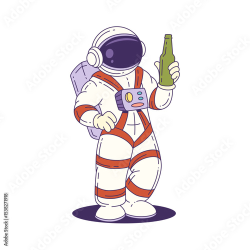 Cartoon mascot astronaut stands confidently in a detailed space suit holding a green bottle, perfect for space-themed events, science fiction projects, or humorous designs. Vector illustration