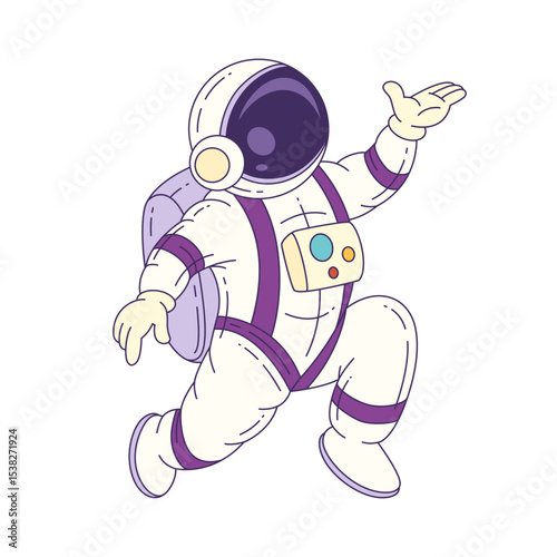 Mascot astronaut in cartoon style dressed in a detailed space suit, prepared for exciting exploration and cosmic missions. Great for creative projects and education. Vector illustration
