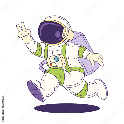 Cartoon mascot astronaut in a space suit runs through outer space showing a peace hand sign symbolizing adventure and exploration. Suitable for educational and creative projects. Vector illustration