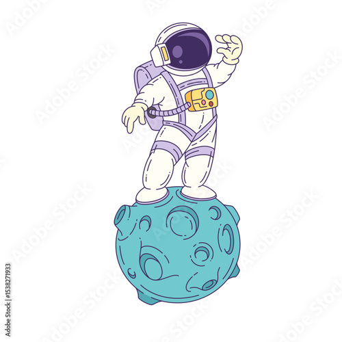 Cartoon mascot astronaut standing on the moon surface in a white suit saluting with raised hand, representing exploration and discovery. Suitable for educational content and space designs