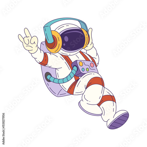 Mascot astronaut in a colorful suit floating in outer space with headphones, making a peace sign. Fun and engaging character design for educational or creative use. Vector illustration