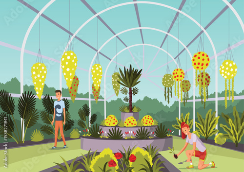 Public orangery flat vector illustration. Young gardeners cartoon characters. Greenhouse tour. Botanical garden, plant nursery, flowers growing