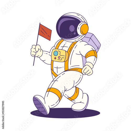 Cartoon mascot astronaut in a white suit with orange stripes stands with a flag, representing adventure and discovery in outer space. Vector illustration