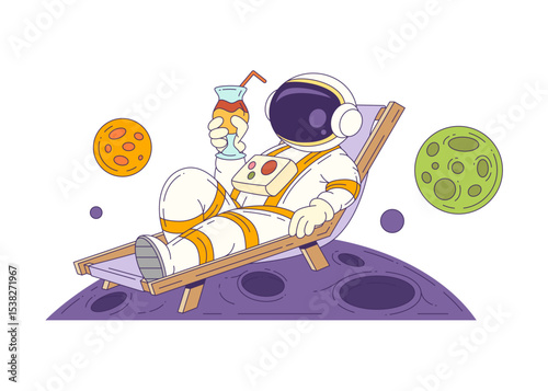 Cartoon mascot astronaut lying in a lounge chair on the moon holding a cocktail, portraying fun and relaxation in outer space. Perfect for creative space themes. Vector illustration