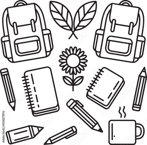 School Supplies Icons Bundle Backpack, Book, Pencil, Marker, Leaf, Flower, Sharpener Graphics