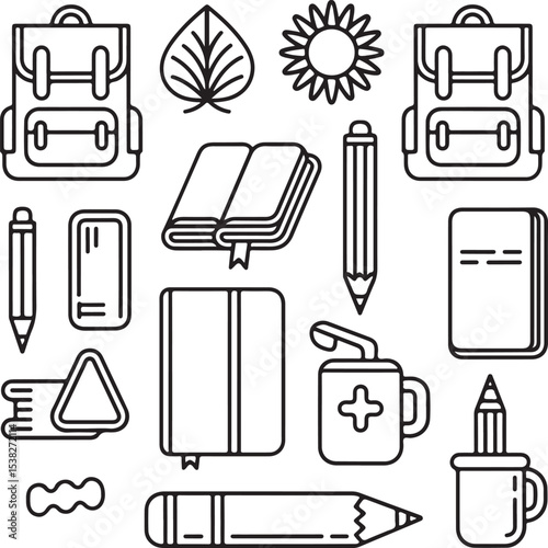School Supplies Icons Bundle Backpack, Book, Pencil, Marker, Leaf, Flower, Sharpener Graphics
